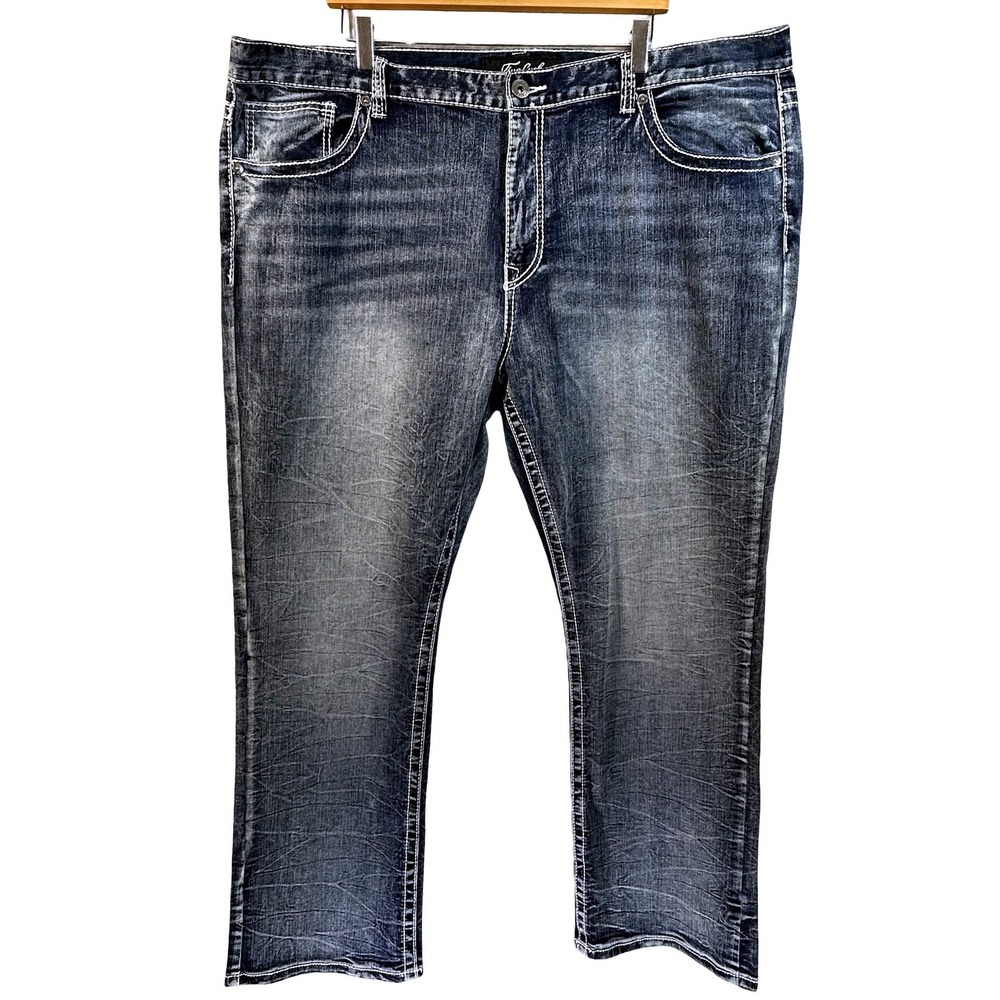 True Luck Mens Straight Leg Jeans Dark Wash Embroidered Flap Pocket 44/32